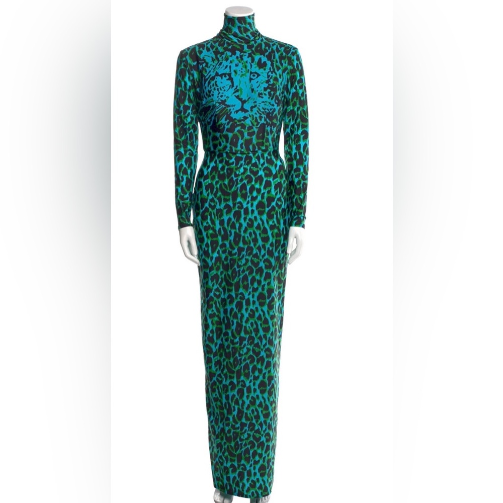 Alex Perry Teal and Black Leopard Print Long Sleeve Dress